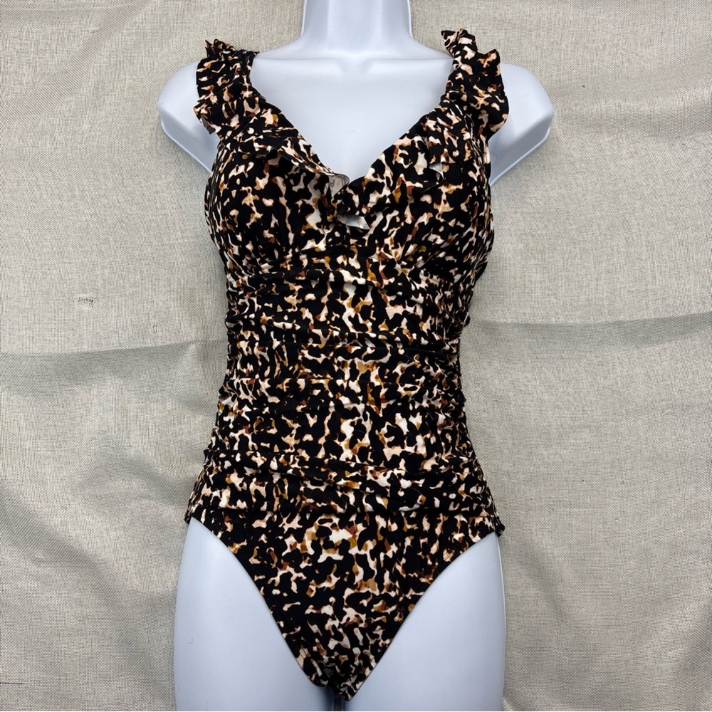 Dkny Printed Ruffle Plunge Underwire Tummy-Control One-Piece Swimsuit Size 4